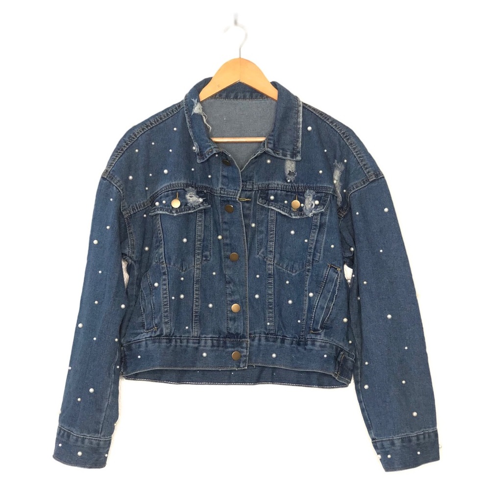Pearls Beaded Distressed Denim Oversized Jacket - Picture 5 of 6